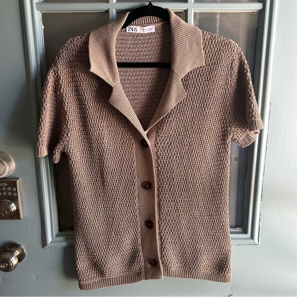 Zara Knit Polo Collared Oversized Cardigan Short Sleeve Button Up Lightweight M - Picture 2 of 14